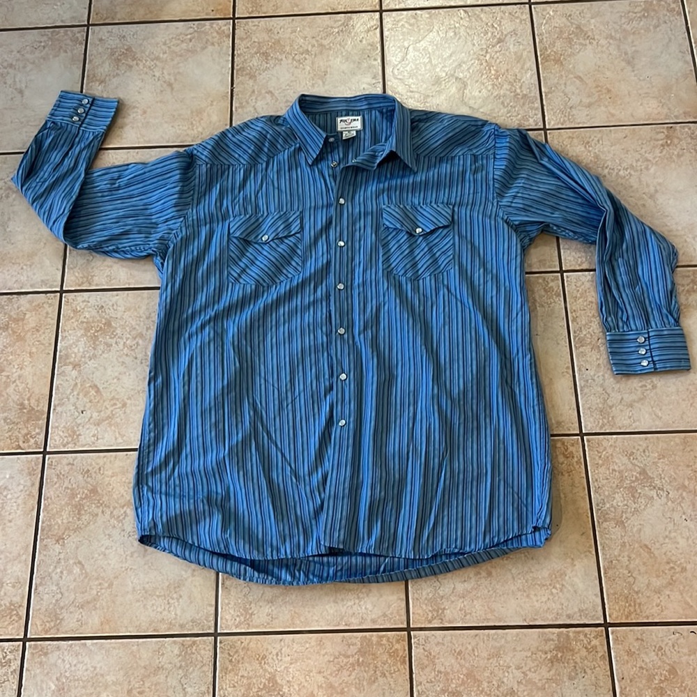 Vintage Foxfire Men’s Western Blue Striped Long Sleeve Pearl Snap Shirt, Sz 2XT‎